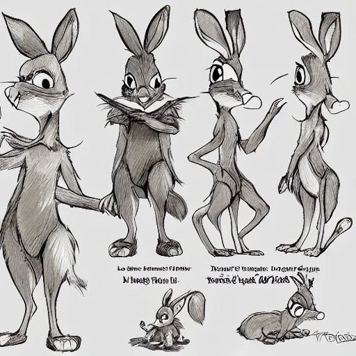 Prompt: very cute kid\'s film character rabbit in the style of Bambi, \'the secret of nimh\' , disney character concept artwork, concept art, detailed animation sheet, anthropomorphic bunny, high detail iconic character for 1997 film, official character sheet by don bluth