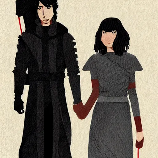 Prompt: rey and kylo ren holding hands, pixiv illustration, digital art