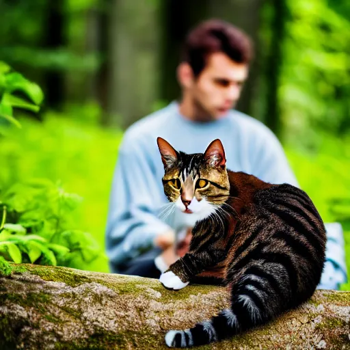 Image similar to A pretty human male with cat features, in his natural habitat. Pictured are his cute ears and long tail. 4K National Geographic photograph