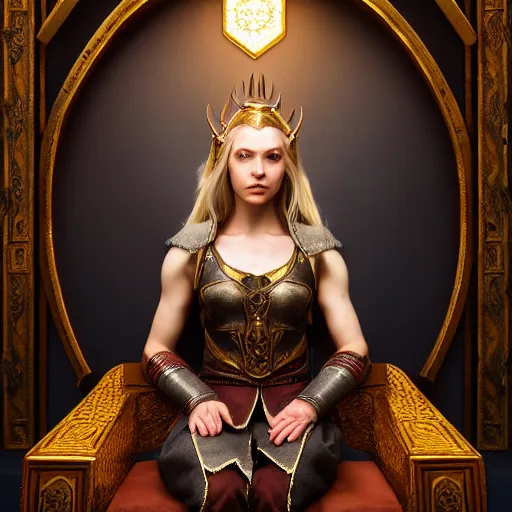 Image similar to the elder scrolls vi, charismatic regal blonde high elf female jarl, portrait, throne room, atmospheric lighting, painted, intricate, volumetric lighting, beautiful, daytime, sunny weather, slight overcast, sharp focus, deep colours, ultra detailed, by leesha hannigan, ross tran, thierry doizon, kai carpenter, ignacio fernandez rios