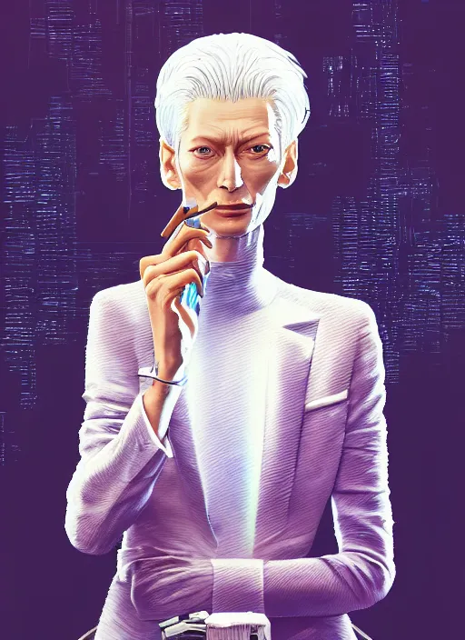 Prompt: portrait of tilda swinton lighting a cigarette in a futuristic stylish outfit by dan mumford, yusuke murata, makoto shinkai, ross tran, cosmic, intricate detail, cinematic, 8 k, cel shaded, unreal engine, featured on artstation, pixiv