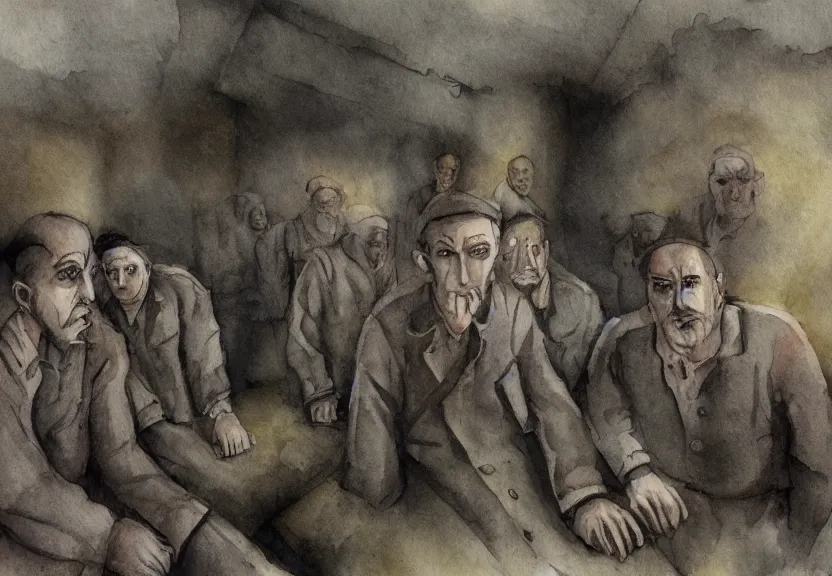 Image similar to jewish prisoners in auschwitz, dark fantasy, watercolor, dreaming illusion, highly detailed, 4 k, trending on artstation, award - winning