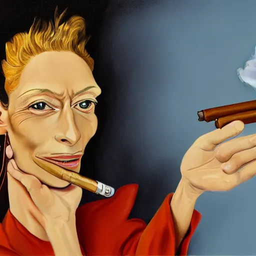 Prompt: an oil painted caricature of a young tilda swinton with a cuban cigar in her hand, blowing out smoke, by salvador dalí, trending on art station, 4K, studio ghibli color scheme