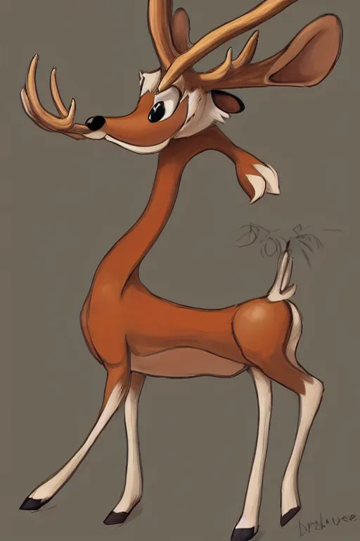 Image similar to an anthropomorphic deer, fursona!!! by don bluth, by kawacy, trending on artstation, full body
