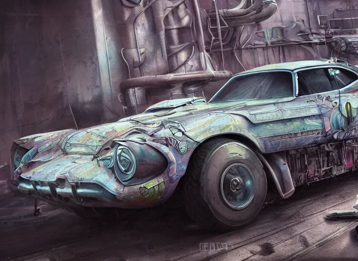 Image similar to realistically detailed concept art real pastel painting of a real gaspunk muscle car in full intricate detail, ultra detailed, realistic digital art, octane render, 4K, dystopian, micro details