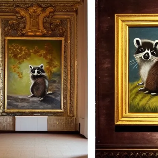 Image similar to a wall in a royal castle. there are two paintings on the wall. the one on the left a detailed oil painting of the royal raccoon king. the one on the right a detailed oil painting of the royal raccoon queen.