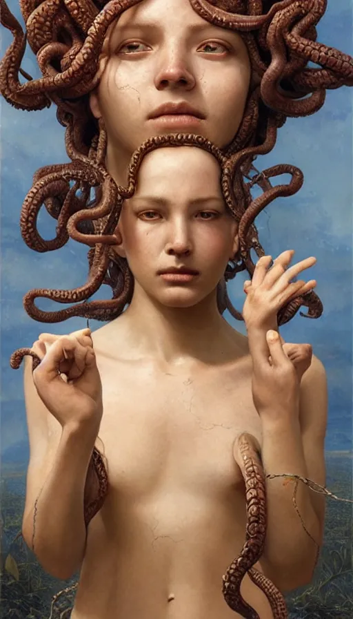 Prompt: epic masterpiece medusa, sweaty skin, hyperrealistic, octane render, cinematic, beautiful face and flawless skin, perfect hands, 5 fingers, by Edgar Maxence and Ross Tran and Michael Whelan, Legends of Runeterra