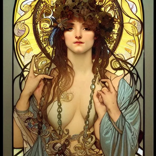 Prompt: realistic detailed face portrait of a beautiful young Goddess of Night by Alphonse Mucha, Greg Hildebrandt, and Mark Brooks, gilded details, spirals, Neo-Gothic, gothic, Art Nouveau, ornate medieval religious icon