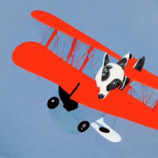 Image similar to biplane flying, piloted by 3 dogs, toy fox terrier breed, dog pilots, black and white spots, panting