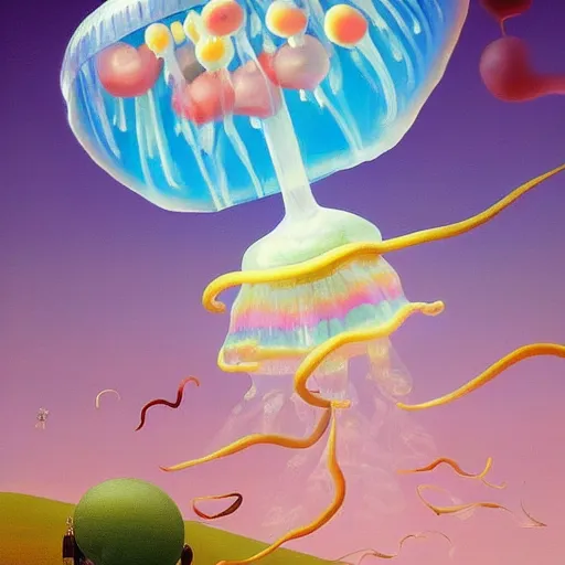 Prompt: Giant ice cream jellyfish and jellybeans fly through the air, as a tornado approaches, by Takashi Murakami, Edward Hopper, Bo Bartlett, and Cynthia Sheppard, Artstation