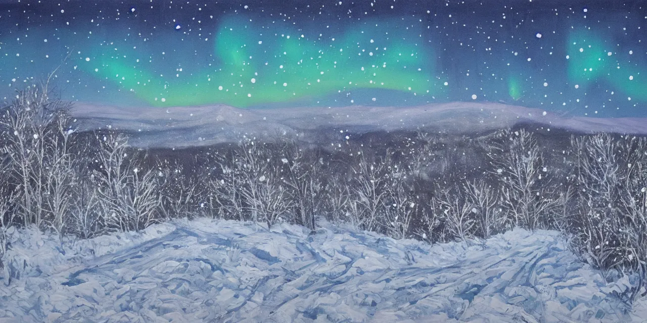 Image similar to laurentian appalachian mountains in winter, unique, original and creative landscape, surrealist painting, snowy night, distant town lights, aurora borealis, deers and ravens, footsteps in the snow, brilliant composition, fascinating textures