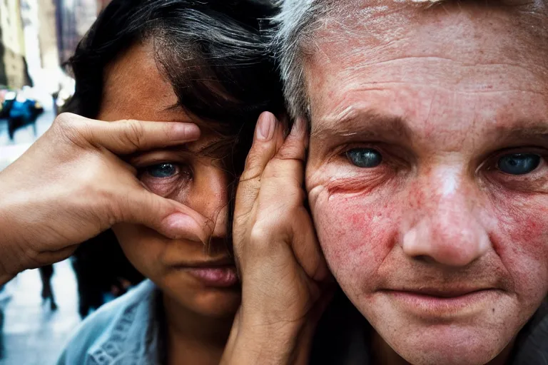 Image similar to close up portrait of two people who accidentally tied their fingers together into a knot in a new york street, photograph, natural light, sharp, detailed face, magazine, press, photo, steve mccurry, david lazar, canon, nikon, focus