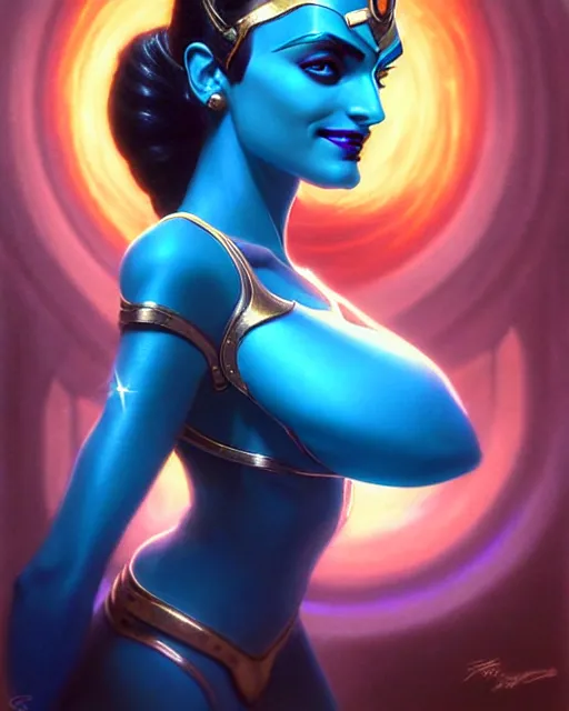 Image similar to symmetra from overwatch, bust, fantasy, fantasy art, fantasy, colorful, elegant, character portrait, portrait, close up, highly detailed, intricate detail, amazing detail, sharp focus, vintage fantasy art, vintage sci - fi art, radiant light, caustics, by boris vallejo