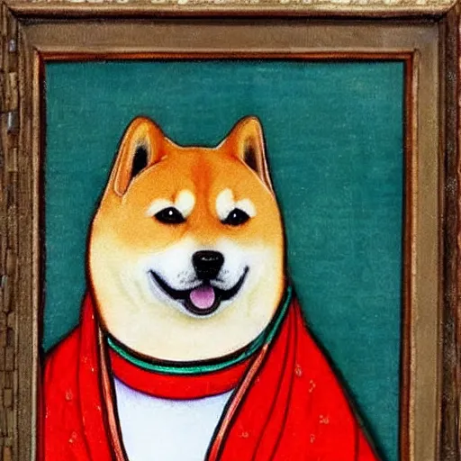 Image similar to fat shiba inu dog prince in ornate robes with a cheeky expression, medieval painting