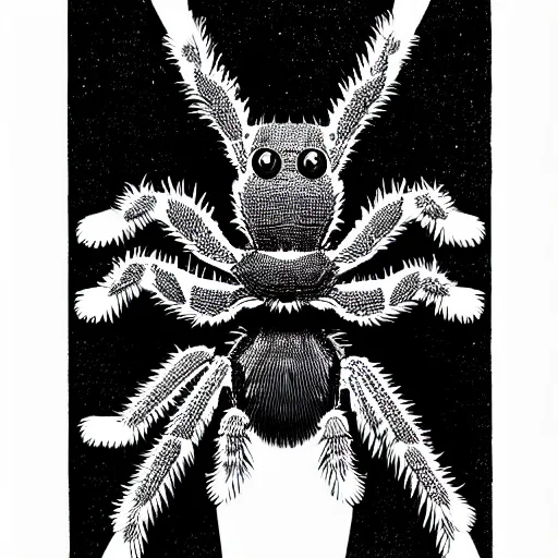 Image similar to book illustration of a tarantula with a machine gun mounted on its back. book illustration, monochromatic, white background, black and white image