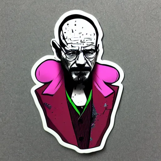 Image similar to die cut sticker, walter white wearing the joker suit, splatter paint