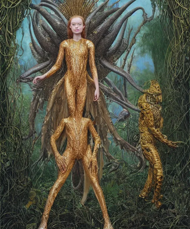 Prompt: a portrait photograph of sadie sink as a strong alien harpy queen with amphibian skin. she is dressed in a golden slimy organic membrane catsuit and transforming into a snake antilope. by donato giancola, walton ford, ernst haeckel, peter mohrbacher, hr giger. 8 k, cgsociety, fashion editorial