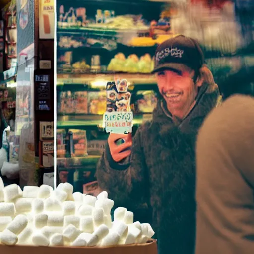 Prompt: a monster taking a selfie near a deli made of marshmallows photo realistic blurry lens focus Paul Thomas anderson movie