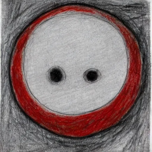 Image similar to primitive drawing of smiling circle face with red eyes thumb up. Сhild drawing picture