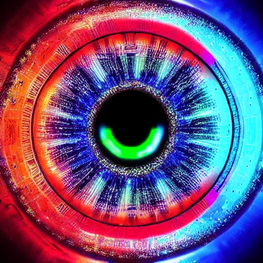 Image similar to cyberpunk neon colored blackhole mandala eye art