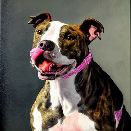 Image similar to pitbull with brindle coat and white paws and white chest. wearing rollerblades painting. oil painting. impressionist. impressionism. fun. energetic. colorful.