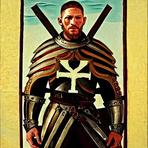 Prompt: renaissance painting of Tom Hardy as crusader, wearing full armour, crusader cross on chest, by Arthur Adams, Diego Gisbert Llorens