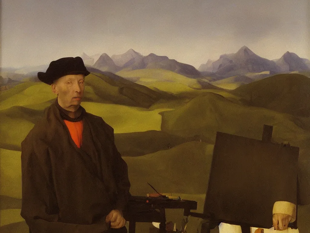 Image similar to portrait of a abstract painter at his easel, canvas. landscape with mountains far away. painting by jan van eyck, august sander. agnes pelton