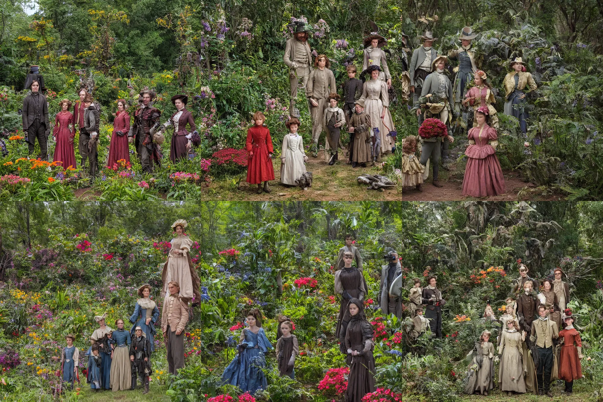 Prompt: sharp, highly detailed, 35840k film, 175000mm film still from a sci fi blockbuster color movie made in 2019, set in 1860, of a family standing in a park, next to some strange alien plants and flowers, on an alien planet, the family are all wearing 1860s era clothes, good lighting, ultra high definition, ultra enhanced faces, in focus, Canon EF 35mm f/1.4L II USM lens