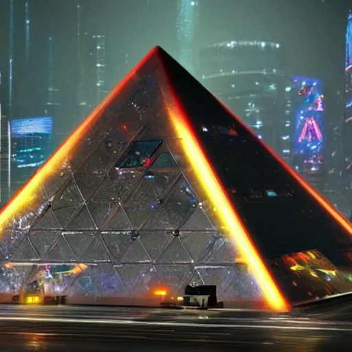 Prompt: a hyper realistic picture of a cyberpunk pyramid with multiple lights coming out of it