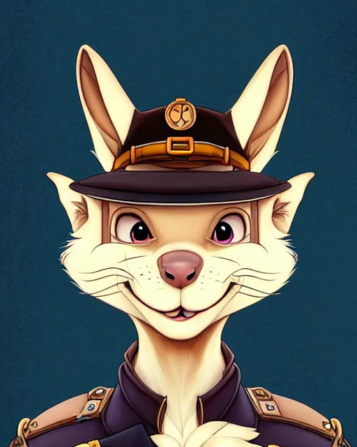 Image similar to don bluth, loish, artgerm, joshua middleton, steampunk, clockpunk anthropomorphic squirrel, full policeman outfit, smiling, symmetrical eyes symmetrical face, colorful animation forest background