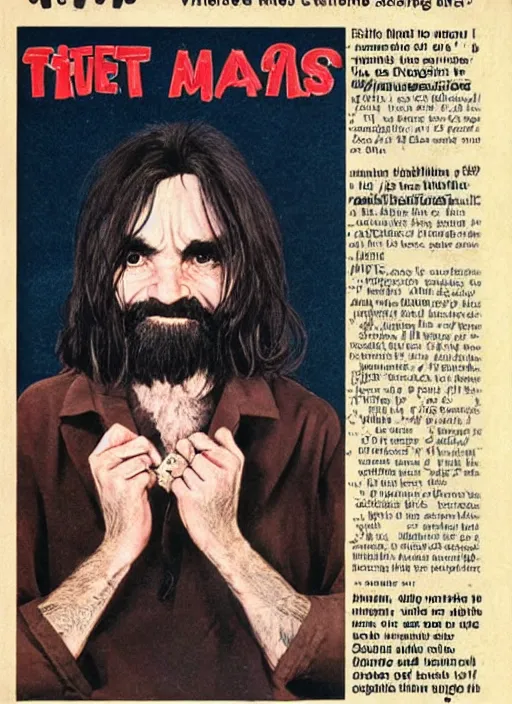 Image similar to vintage magazine advertisement depicting charles manson as a muppet