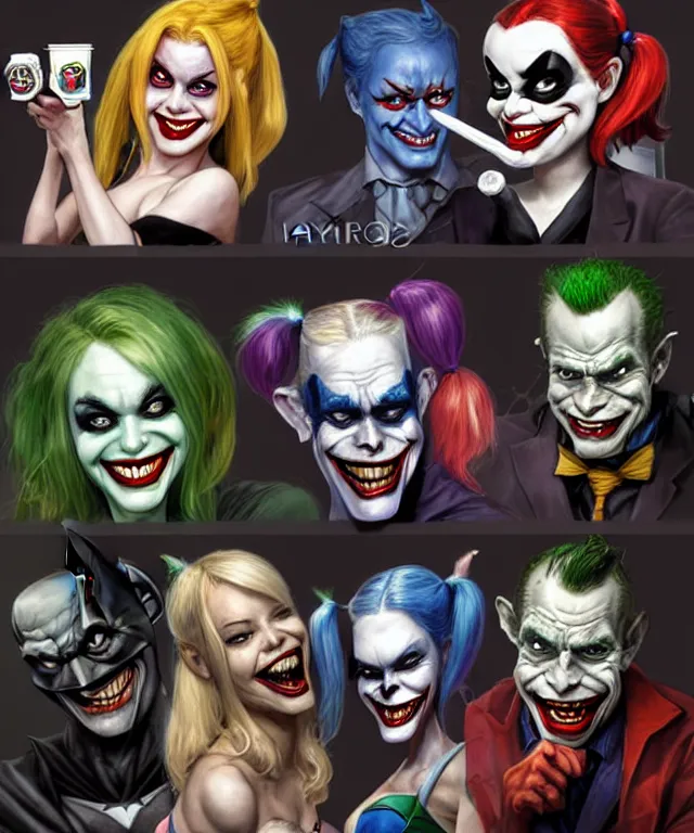 Image similar to Caricatures of Harley Quinn, Heath Ledgers Joker and Batman, playing video games on a couch together, Harley Quinn is winning, mum brings in milk and cookies. fun, funny, highly detailed, digital painting, artstation, concept art, smooth, sharp focus, illustration, art by artgerm and greg rutkowski and alphonse mucha