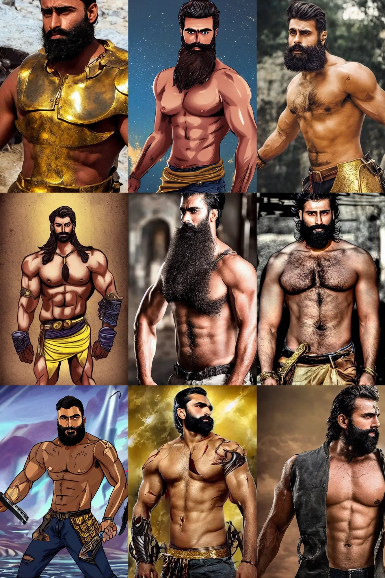 Prompt: beautiful gigachad with slick brown beard, short wavy hair, huge glistening muscles, many scars, wearing golden armour. cartoon bollywood action movie still.