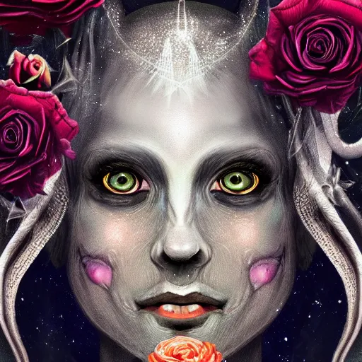 Image similar to Very very very very highly detailed mystic, enigmatic, strange portrait with galaxy, roses, shark's teeth by Mozart, intricate, extremely detailed, digital painting, artstation, concept art, smooth, sharp focus, illustration, intimidating lighting, incredible art,