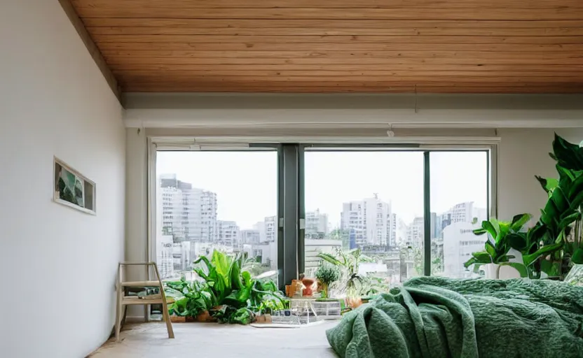 Image similar to a bright and cozy minimalist bedroom, white and pine wood, bed, cupboards, green potted plants, large window with a view of large concrete Japanese apartment blocks