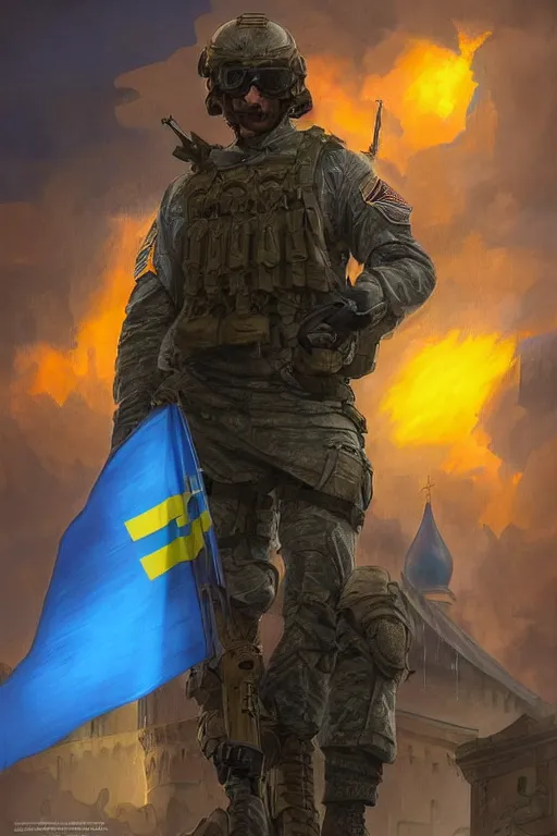 Image similar to special forces soldier raising ukrainian blue and yellow flag on red square kremlin, masculine figure, d & d, fantasy, bright atmosphere, volumetric lights, intricate, elegant, extremely detailed, digital painting, artstation, concept art, matte, smooth, sharp focus, hyper realistic, illustration, art by artgerm and greg rutkowski and alphonse mucha