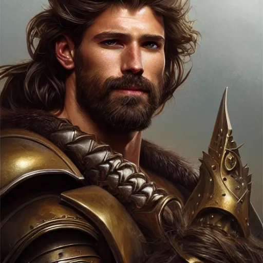 Image similar to portrait of a ruggedly handsome paladin, soft hair, muscular, half body, leather, hairy, d & d, fantasy, intricate, elegant, highly detailed, digital painting, artstation, concept art, smooth, sharp focus, illustration, art by artgerm and greg rutkowski and alphonse mucha