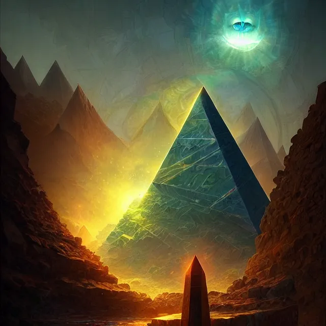 Prompt: the illuminati eye pyramid, a fantasy magical landscape seen in the distance, atmospheric lighting, intricate, volumetric lighting, beautiful, sharp focus, ultra detailed, in the art style of marc simonetti, bowater charlie and brom gerald, astrophotography