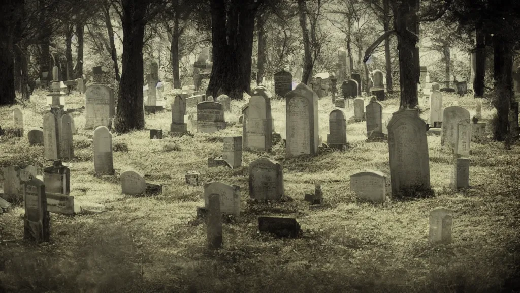 Image similar to double-exposure close up of a person in victorian dress, and a scene of a few tombstones in a forested cemetery from a Tim Burton and Wes Anderson movie, style of pinhole photography,