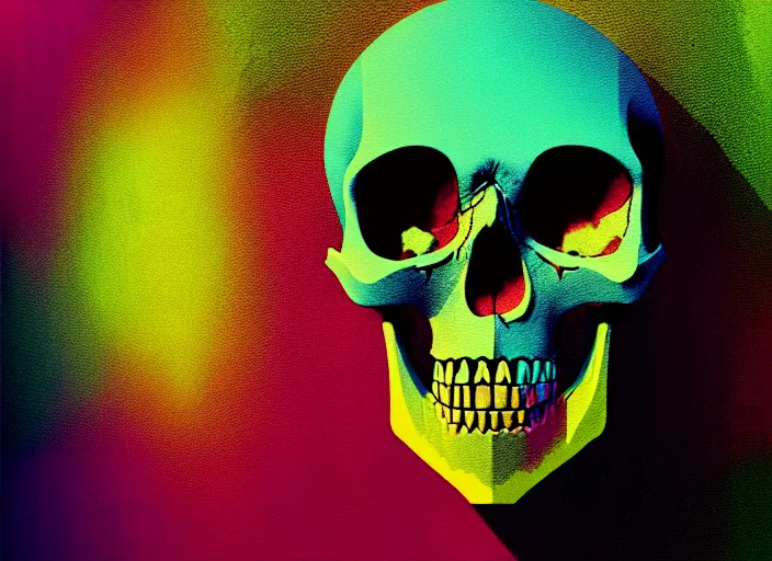 Image similar to portrait of a zombie skull monster, colorful, modern art deco, mads berg, karolis strautniekas, christopher balaskas, stippled light, fog, moody, fine texture, editorial illustration, dramatic lighting, dynamic composition, detailed, matte print, dynamic perspective, muted color