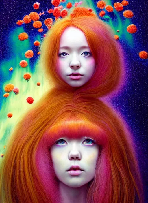 Prompt: hyper detailed 3d render like a Oil painting - kawaii standing portrait Aurora (auburn haired Singer Weaslwaif) seen Eating of the Strangling network of yellowcake aerochrome and milky Fruit and Her delicate Hands hold of gossamer polyp blossoms bring iridescent fungal flowers whose spores black the foolish stars by Jacek Yerka, Mariusz Lewandowski, Houdini algorithmic generative render, Abstract brush strokes, Masterpiece, Edward Hopper and James Gilleard, Zdzislaw Beksinski, Mark Ryden, Wolfgang Lettl, hints of Yayoi Kasuma, octane render, 8k