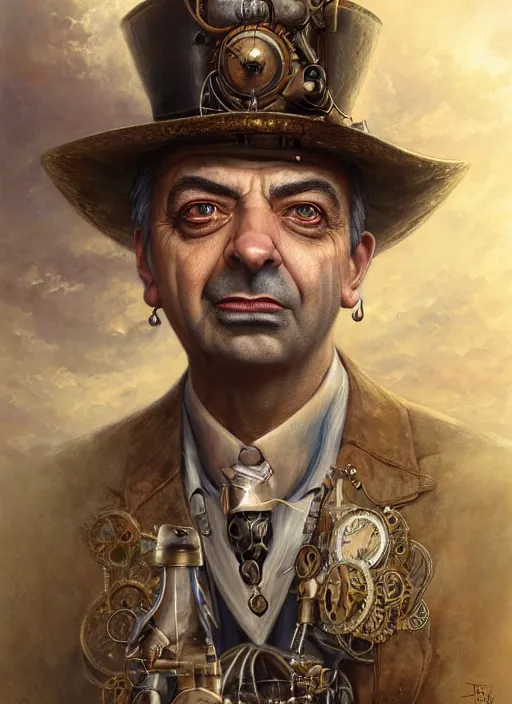 Image similar to steampunk portrait of rowan sebastian atkinson, by tomasz alen kopera and peter mohrbacher