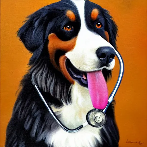 Image similar to an oil painting of a bernese mountain dog dressed in doctor's lab coat with a stethoscope around his neck, high quality