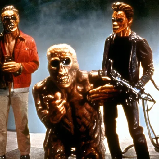 Image similar to harry and the hendersons as the terminator, 4 k hd film still, terminator, red eye, cyborg