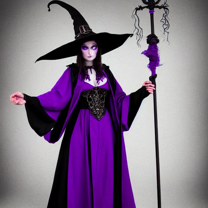 Prompt: photograph of a real-life beautiful elemental darkness witch with ornate purple and black robes and staff. Extremely detailed. 8k