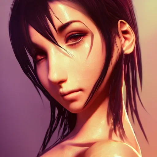 Image similar to a portrait of tifa lockhart beautiful elegant partially made of potatoes roots and violets, an ultrafine detailed illustration by james jean, final fantasy, intricate linework, bright colors, behance contest winner, vanitas, angular, altermodern, unreal engine 5 highly rendered, global illumination, radiant light, detailed and intricate environment