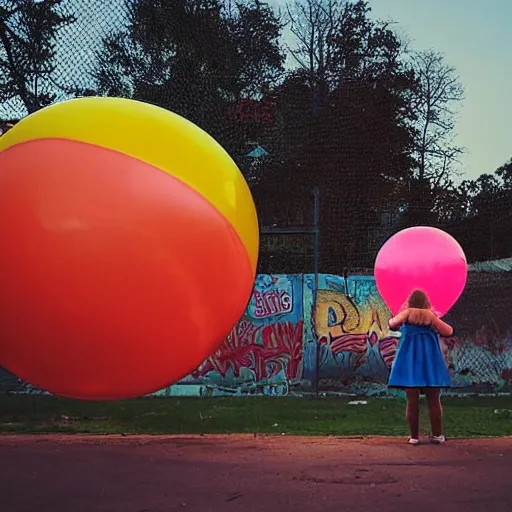 Image similar to a girl holding a balloon at a fairground. buildings with graffiti. dusk. photograph in the style of simon stalenhag