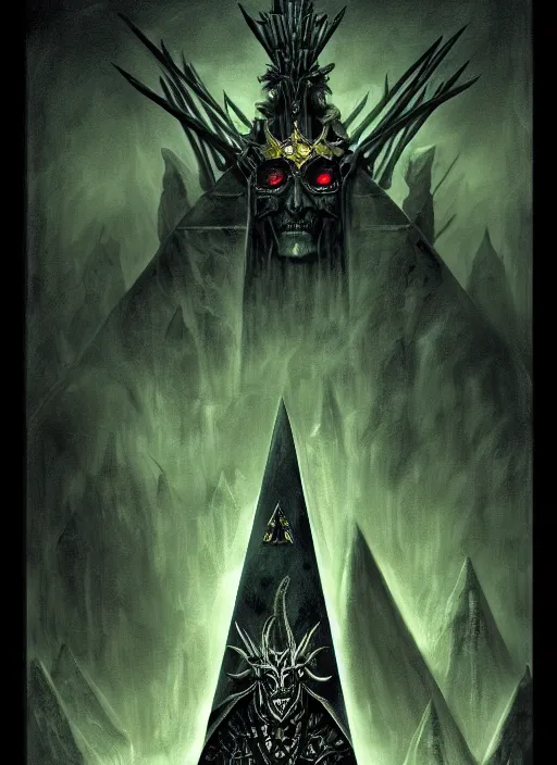 Image similar to portrait of nagash sitting atop his black pyramid, spirits of the dead, evil, grim dark, gloomy, mist, warhammer 4 0 k, onyx, intricate, elegant, evil green candles, highly detailed, digital painting, artstation, concept art, smooth, sharp focus, illustration, art by wlop, mars ravelo and greg rutkowski