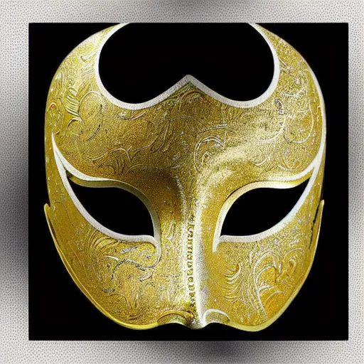 Image similar to a white - and - gold venetian mask emerging from thick black paint, digital art