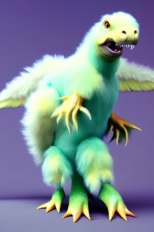 Image similar to high quality 3 d render hyperrealist very cute multipastel fluffy dinosaur with fluffy wings, vray, smooth in _ the background, artstation